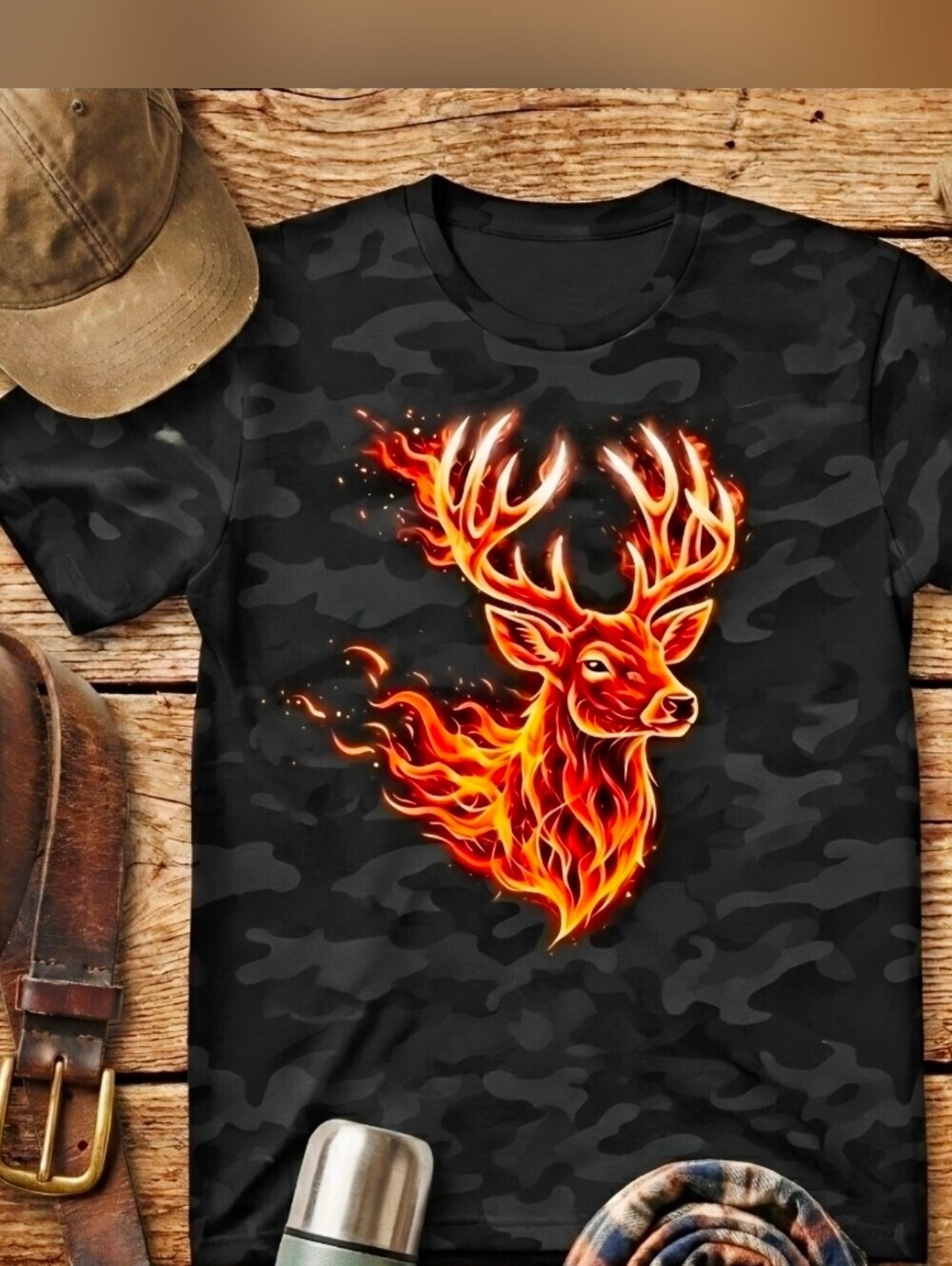 Flaming Deer Head Graphic Tee • Fire Buck Shirt • Camo Wildlife Hunting Top